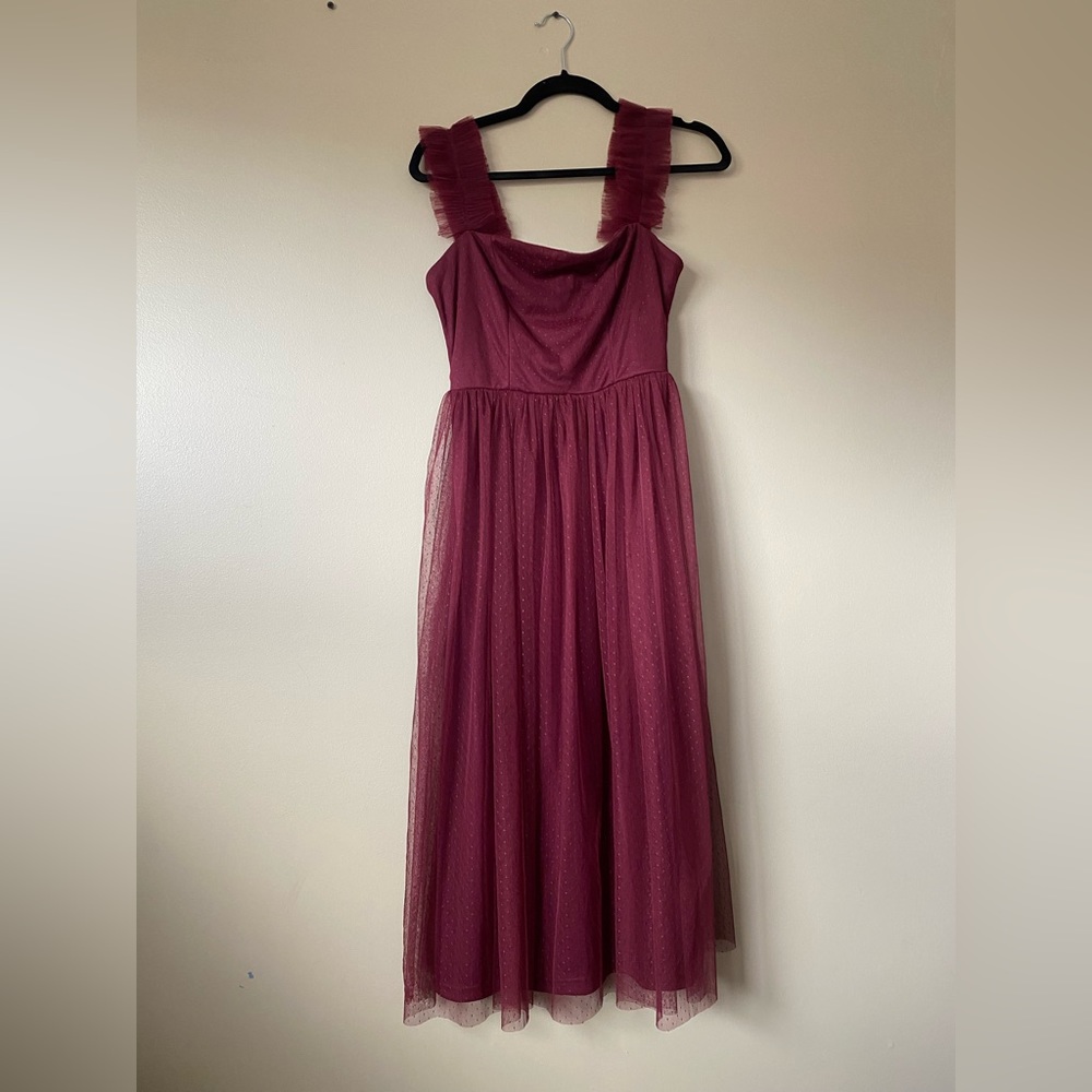 Divine Invitation Burgundy Tulle Swiss Dot Ruffled Midi Dress - Picture 4 of 5